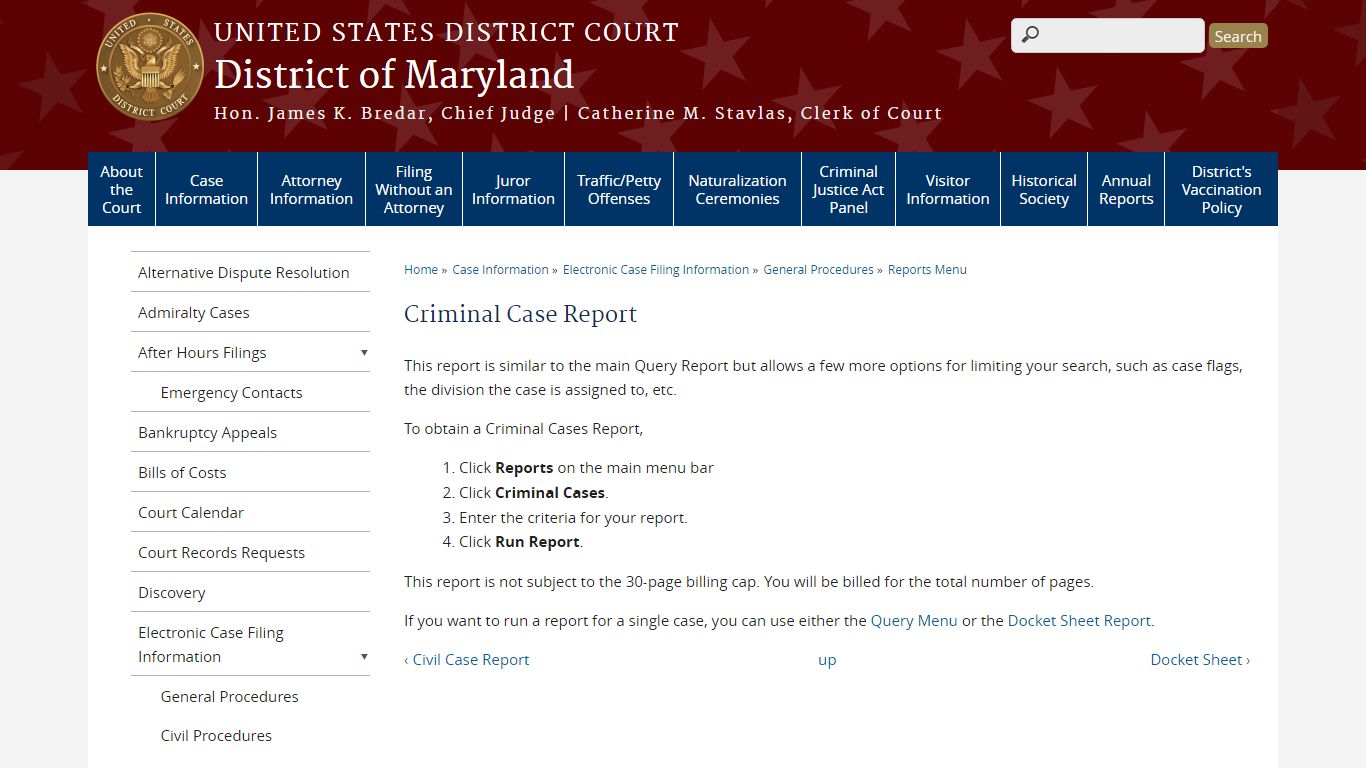 Criminal Case Report | District of Maryland - United States Courts