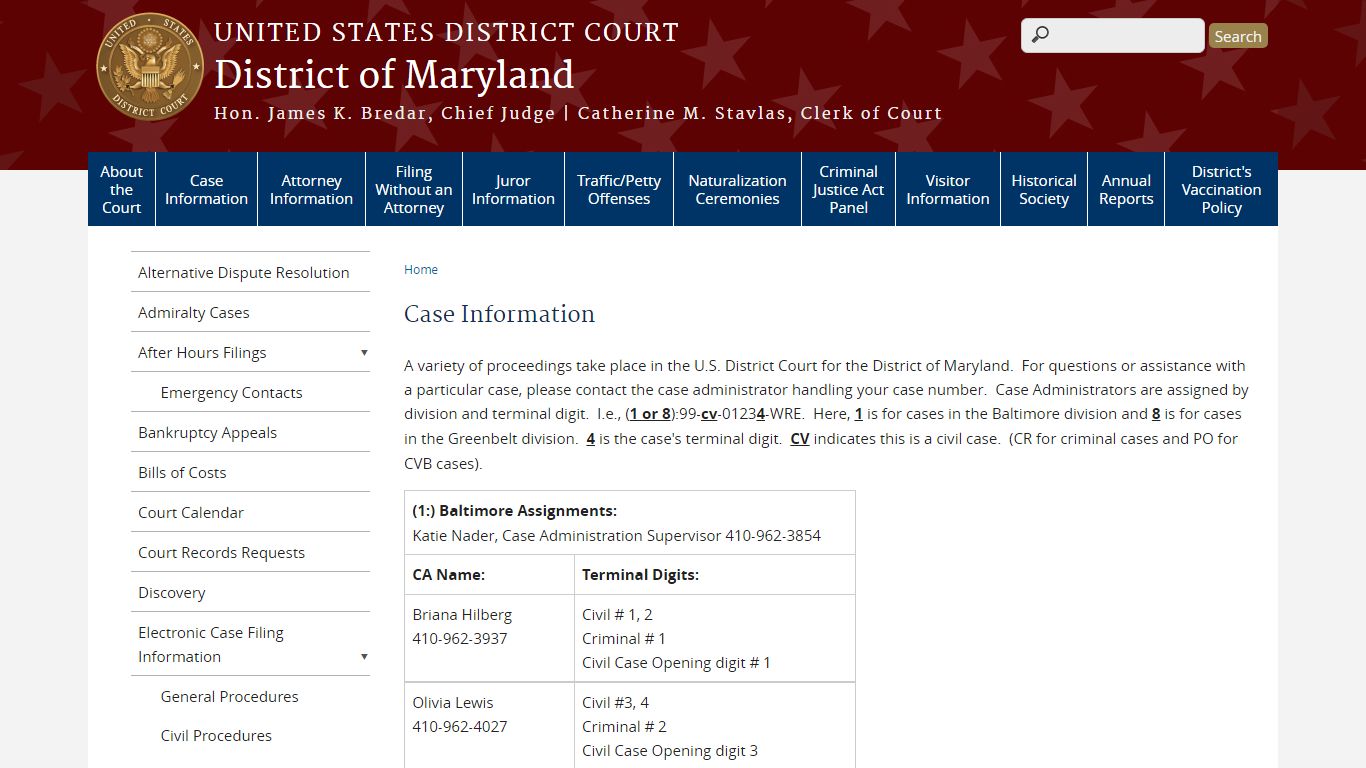Case Information | District of Maryland - United States Courts